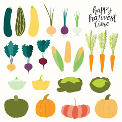 Big autumn harvest set with different vegetables, quote. Isolated objects on white background. Hand drawn vector illustration. Flat style design. Concept for fall, healthy eating, gardening.