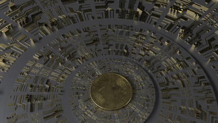 Gold Bitcoin on black background and futuristic golden printed circuit. Digital Currency. Mining 