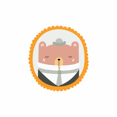 Hand drawn vector illustration of a cute funny portrait in a frame of Victorian gentleman bear. Isolated objects. Scandinavian style flat design. Concept for children print.