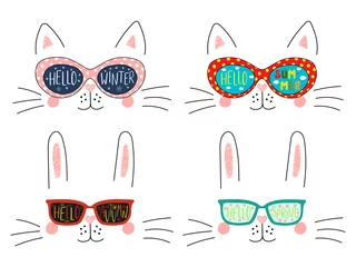 Zelfklevend Fotobehang Set of cute cat, bunny faces in sunglasses with summer, autumn, winter, spring symbols reflected, text. Isolated objects on white. Hand drawn vector illustration. Line drawing. Concept four seasons. © Maria Skrigan