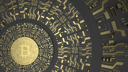 Gold Bitcoin on black background and futuristic golden printed circuit. Digital Currency. Mining 