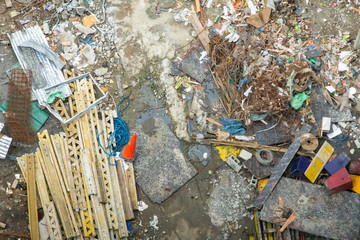 Construction site graphical resource.  Dirty grunge messy construction yard with scattered...