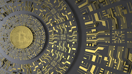 Gold Bitcoin on black background and futuristic golden printed circuit. Digital Currency. Mining 