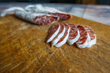 Exposition of chorizo sausage on a table