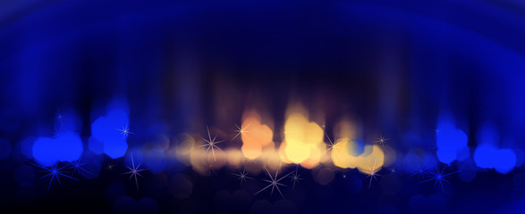 Abstract dark bokeh background, blue with yellow, festive cover background