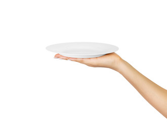 Blank empty round plate in female hand. perspective view, isolated on white background
