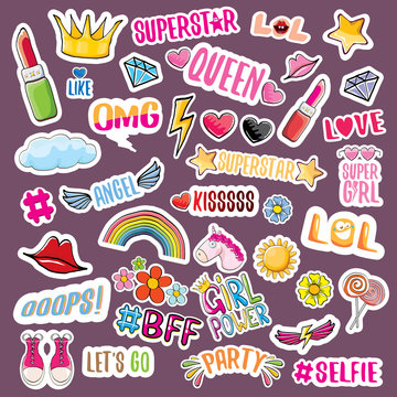 pop art fashion girls patchs, color stickers, badges and funky labels set isolated on violet background. Social media pattern with different design elements and cartoon kids stickers