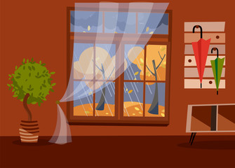 Window with a view of yellow trees and foliage. Autumn brown interior with tree in tub, a coffee table and a umbrellas on hanger. Evening rainy weather outside. Flat cartoon vector illustration.