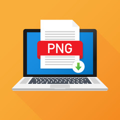 Download PNG button on laptop screen. Downloading document concept. File with PNG label and down arrow sign. Vector illustration.