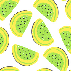 Watermelon and exotic fruits seamless pattern. Fresh yellow watermelons, tropical fruits summer detox
