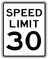 Panneau routier américain aux Etats Unis d'Amérique : limite de vitesse à 30 mp/h