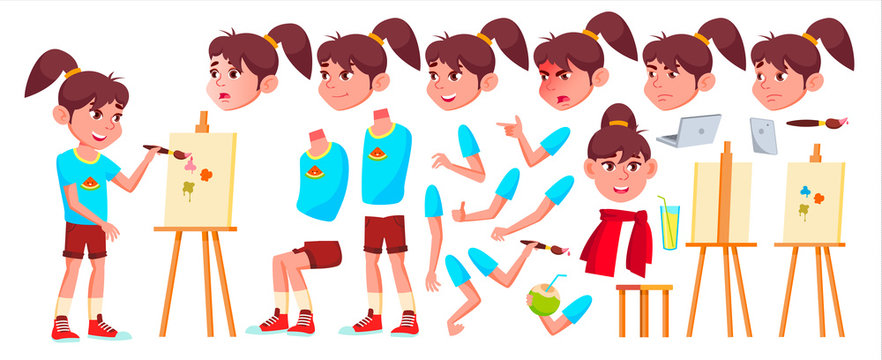 Girl Schoolgirl Kid Vector. High School Child. Animation Creation Set. Face Emotions, Gestures. Child Pupil. Subject, Clever, Studying. For Banner, Flyer, Web Design. Animated. Cartoon Illustration