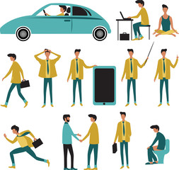 a collection of flat human figures. businessman in various poses