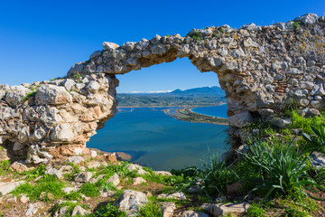 Old Navarino Castle looking over the Pylos bay in Gialova, Peloponnese, Greece.