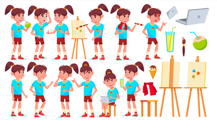 Fototapeta premium Girl Schoolgirl Kid Poses Set Vector. High School Child. School Student. Graduation, Homework, Teacher. For Banner, Flyer, Web Design. Isolated Cartoon Illustration