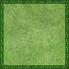 Fototapeta na wymiar Square card with arabic floral ornament frame in green colors on a stone imitation surface. Free space for text.