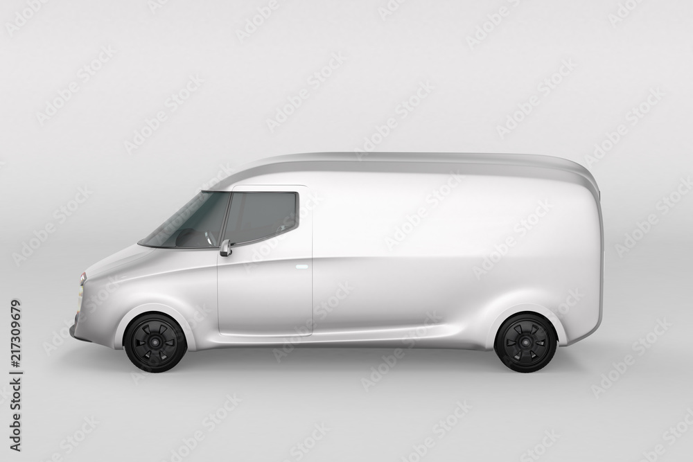 Poster side view of white electric powered delivery van with copy space on the body. 3d rendering image.