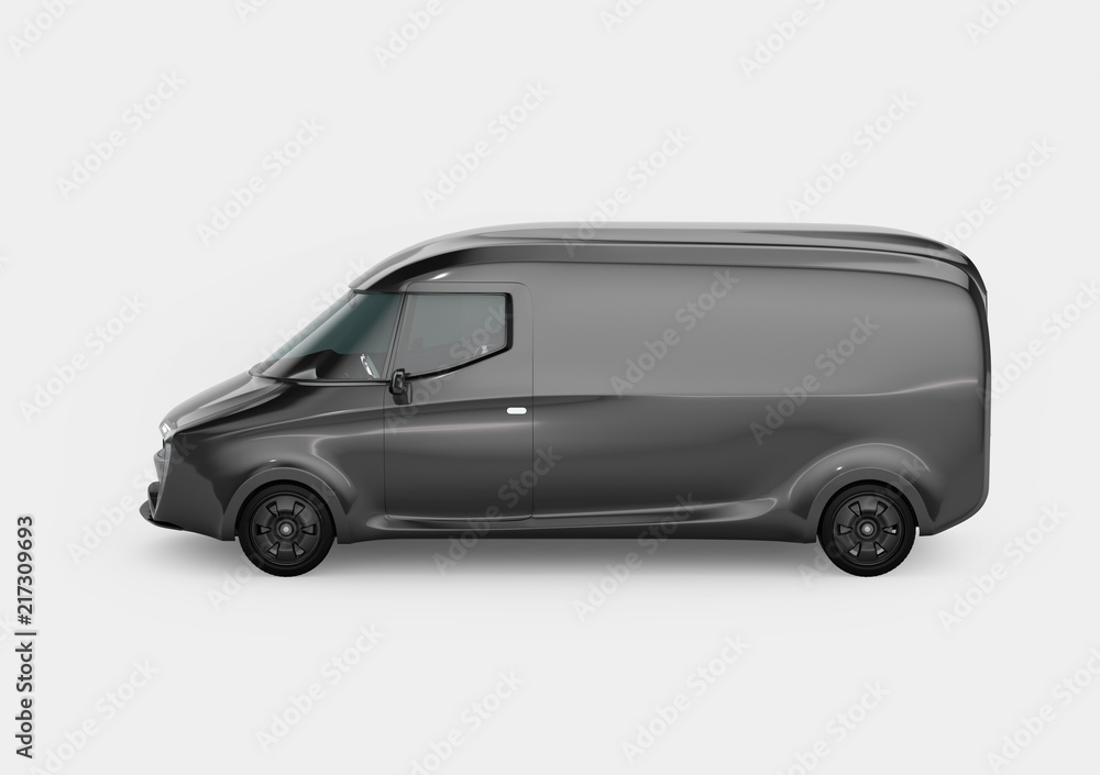 Poster side view of black electric powered delivery van with copy space on the body. 3d rendering image.