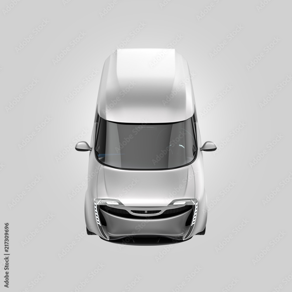 Poster front view of electric powered delivery van on gray background. 3d rendering image.
