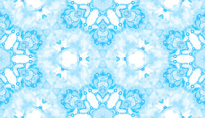 Blue seamless pattern. Astonishing delicate soap bubbles. Lace hand drawn textile ornament. Kaleidos