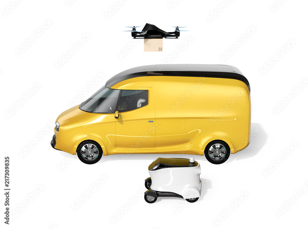 Poster side view of delivery drone, robot and electric powered van isolated on white background. last one m