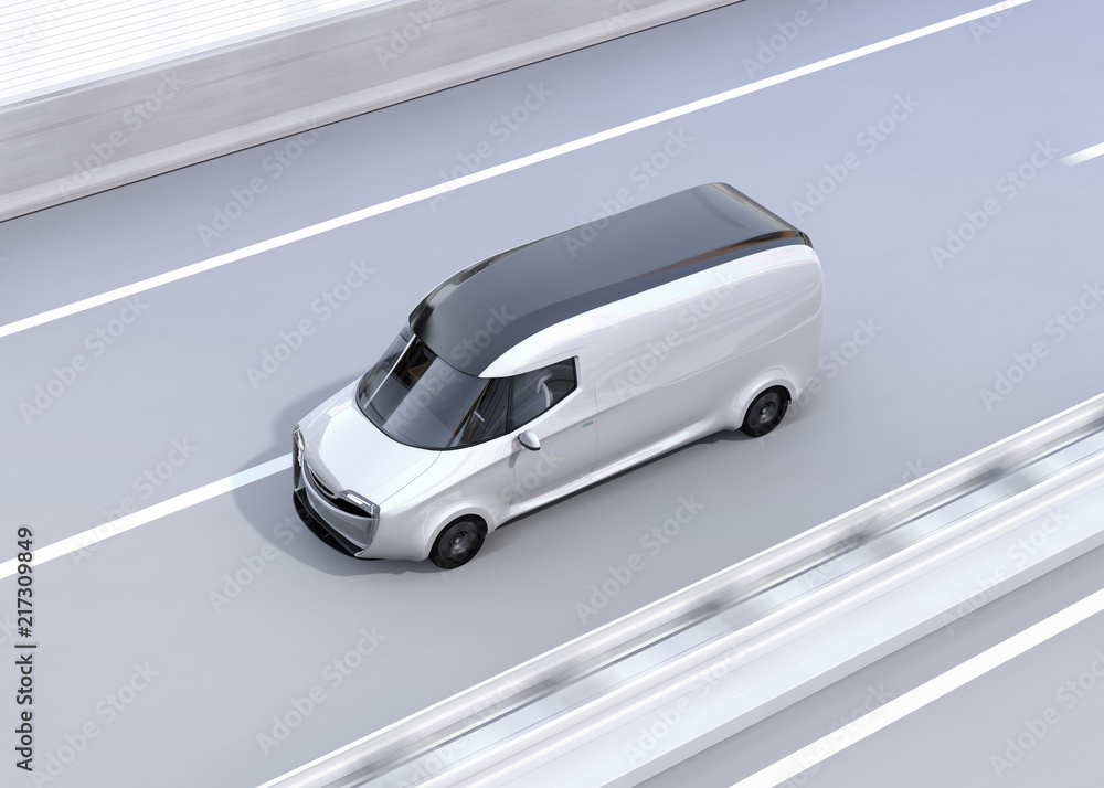 Poster self-driving delivery van driving on highway. copy space on side body. 3d rendering image.