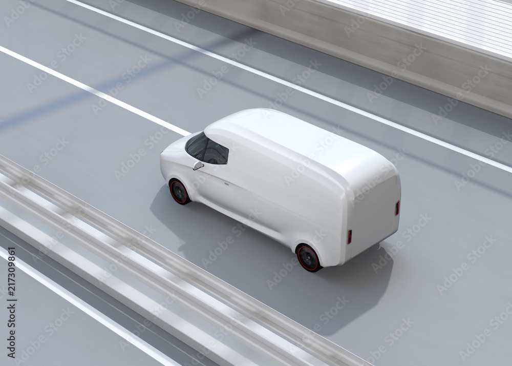 Poster rear view of white self-driving delivery van driving on highway. copy space on side body. 3d renderi