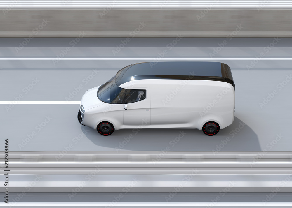 Poster side view of white self-driving delivery van driving on highway. copy space on side body. 3d renderi
