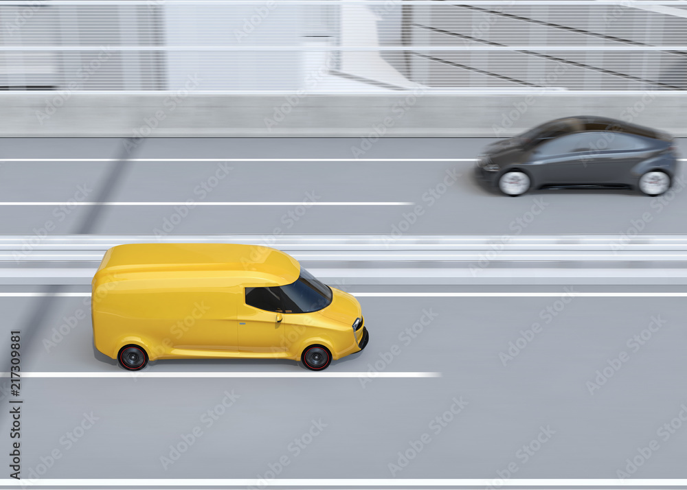 Poster side view of yellow self-driving delivery van driving on highway. copy space on side body. 3d render