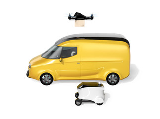 Obraz premium Side view of delivery drone, robot and electric powered van isolated on white background. Last one mile concept. 3D rendering image.