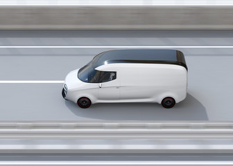 Side view of white self-driving delivery van driving on highway. Copy space on side body. 3D rendering image.