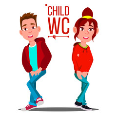 Child WC Sign Vector. Boy And Girl. Toilet Icon. Isolated Cartoon Illustration