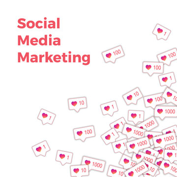 Social media icons. Social media marketing concept. Falling gradient like counter. Scattered bottom 