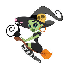 vector illustration witch on broom with cat