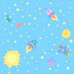 Naklejka na ściany i meble Astronaut and rocket in outer space background picture