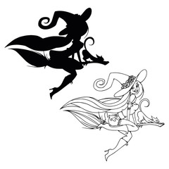 vector character witch on broom with cat silhouette