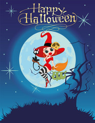 vector clipart sexy witch with cat on broom on moon background. Background Halloween