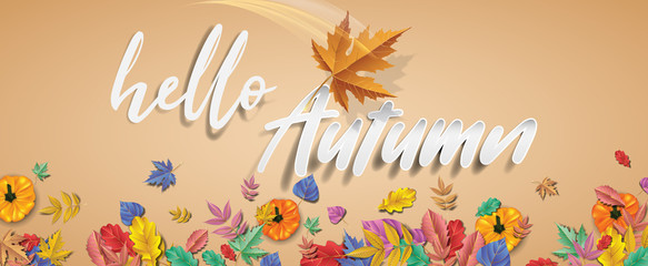 Hello autumn background. Autumn fall leaves vector.