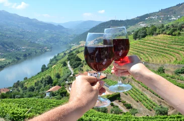 Photo sur Plexiglas Vin Verres à vin contre vignobles dans la vallée du Douro, Portugal