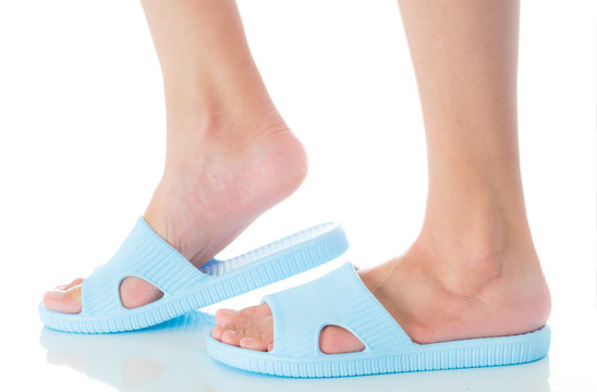 Woman Feet Wearing Beautiful Blue Sandal Step With Side View On White Background, Fashion Woman Concept.