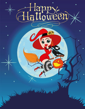 vector clipart sexy witch with cat on broom on moon background. Background Halloween