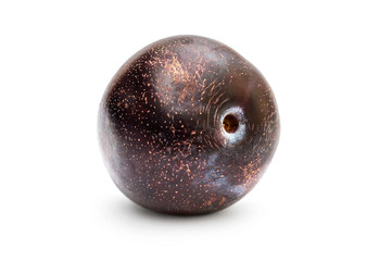 Ripe plum on white. Close up.