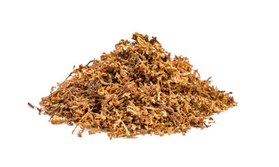 Pile of cut tobacco on white background.
