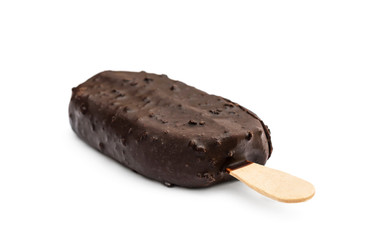 Chocolate ice cream on a stick on white background.