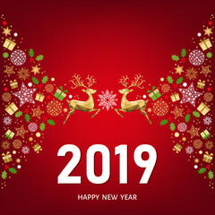 2019  Happy New Year greeting card on red background.