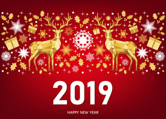 2019  Happy New Year greeting card on red background.