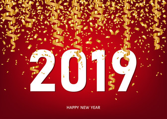 2019 Happy New Year greeting card  with golden confetti.