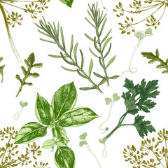 Seamless pattern with hand drawn herbs