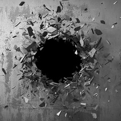 Dark cracked broken hole in concrete wall. Grunge background