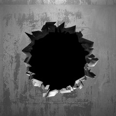 Dark cracked broken hole in concrete wall. Grunge background